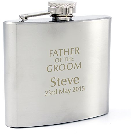 Custom Personalised Stainless Steel 6oz Father Of The Groom Wedding Hip Flask. Laser Engraved. Includes Funnel and Presentation Box.