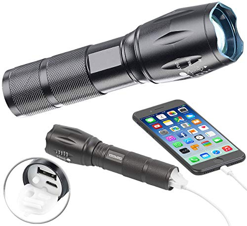 KryoLights Taschenlampe mit USB: 2in1-LED-Taschenlampe und Powerbank, 1.800 mAh, 260 lm, 10 Watt, IP44 (mit USB Ladefunktion, mit Ladekabel, Wasserdichte Taschen)