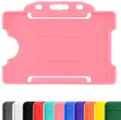 Pink Single-Sided Rigid Slide in Open Faced ID Card Badge Holders Horizontal/Landscape Identity Plastic Pass Protector - Holds a 86mm 54mm cr80 Credit Card Sized Pack of 100