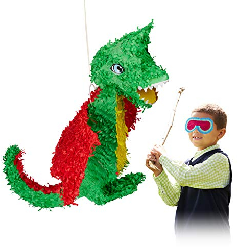 Relaxdays Pinata Drache, zum Aufhängen, Kinder, Mädchen & Jungs, Geburtstag, zum Befüllen, Papier, große Piñata, bunt