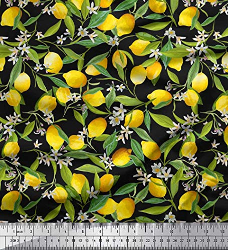 Soimoi Schwarz Baumwoll-Popeline Stoff Blutter, Blumen und Zitrone Gemuse Stoff drucken Meter 56 Zoll breit