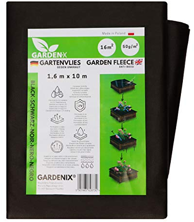 GARDENIX 16m² Reißfestes Gartenvlies Unkrautvlies Wasserdurchlässig 50g/m² -Schwarz Unkraut Folie 1.6m x 10m - Vlies Hochbeet, Unkrautschutzfolie, Flies Gartenflies Gartenfolie Beetfolie Pflanzfolie