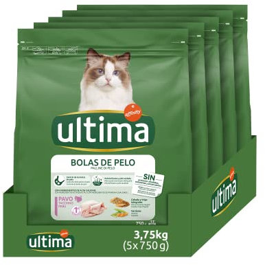 Ultima Bolas de pelo Pavo, Comida seca para gatos, Pack de 5 x 750g, Total 3,75kg