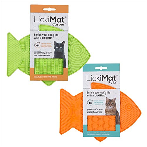 LickiMat Casper & Felix, Fish-Shaped Cat Slow Feeders Lick Mat, Boredom Anxiety Reducer; Perfect for Food, Treats and Anxiety Reduction. (Green & Orange, Casper & Felix)