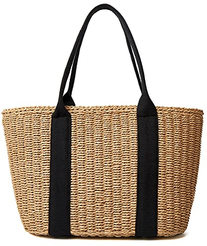 Women Straw Bags Summer Beach Large Tote Bag Handmade Woven Shoulder Crossbody Handbag, A-brown, One Size