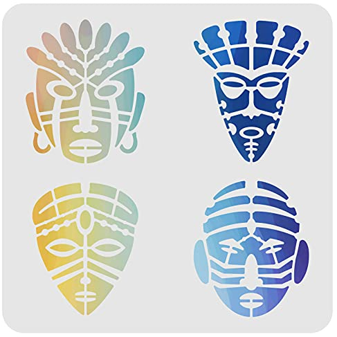 FINGERINSPIRE Afrikanische Stammesschablonen Vorlage 30x30cm Plastik Afrikanische Maske Zeichnung Malschablonen Quadratische Wiederverwendbare Schablonen zum Malen auf Holz, Boden, Wand und Fliesen