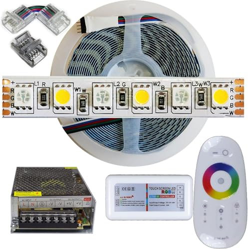 Mondo Strisce Led: Kit da 5 metri (1 Bobina+1 trasformatore da 96w +1Controller) RGB + Bianco Freddo, 240+240Led, 48+48Watt, 4.000+4.000 Lumen 12V RGBW. Striscia Led Strip ip20