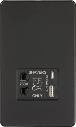 Knightsbridge Screwless Shaver socket with dual USB A+C (5V DC 2.4A shared) - matt black