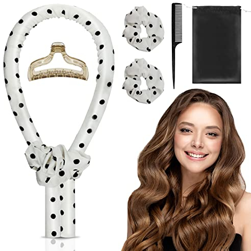 Kein Hitze-Lockenstab-Stirnband, kein Hitze-Lockenwickler-Set mit Haarspange, Haargummis, Kamm und Aufbewahrungstasche aus Seide, Lockenstab zum Selbermachen, natürliche gewellte Frisur (weiß schwarz)