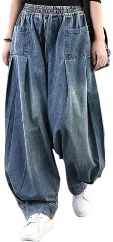 ebossy Women's Denim Harem Pants Elastic Waist Pleated Wide Leg Baggy Jeans