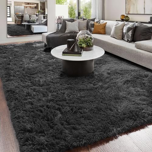 Amdrebio Dunkelgrauer Teppich für Schlafzimmer, Zottelteppich 12,7 x 20,3 cm für Wohnzimmer, weicher, flauschiger flauschiger Teppich für Kinderzimmer, modern, zotteliger Teppich für Klassenzimmer,