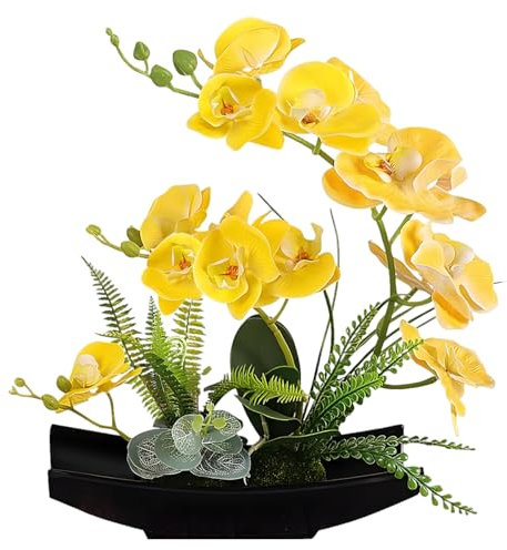 FAUHAL Decorative Real Touch Artificial Orchid Bonsai Artificial Orchids in Pot Flower Arrangements for Kitchens Faux Orchid Arrangements for Home Decoration (Yellow)