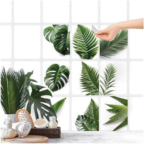 FoLIESEN Fliesenaufkleber für Bad, Küche, Badezimmer - Fliesen-Folie selbstklebend - Deko-Aufkleber - Tropische Blätter, .:20x25 cm - 9-tlg.