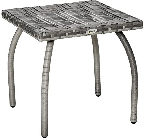 Outsunny Mesa de Jardín de Ratán Mesita Auxiliar con Patas de Metal Carga 30 kg Mesa de Exterior para Patio Terraza Balcón 45x45x44 cm Gris
