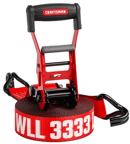 CRAFTSMAN CMXAZBS10000J Sangle d'arrimage à cliquet de 5,1 cm x 8,6 m avec Double Crochet en J – Robuste/résistante à la Rupture de 4,5 kg, Noir/Rouge