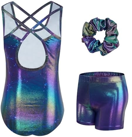 JiAmy Turnanzug Mädchen, Gymnastikanzug Mädchen Kinder Glitzer Gymnastik Turnanzug Leotard Mit Haarbändern und Shorts Set für 3-12 Jahre