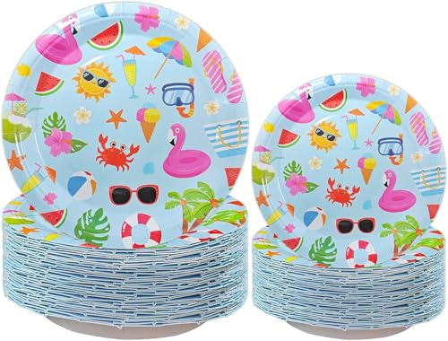 QZV 80PCS Summer Beach Paper Plates,40pcs 9 in,40pcs 7 in,Birthday Party Disposable Paper Dessert Plates Supplies Decorations Tableware for Summer Pool Party Supplies (Pool Theme)