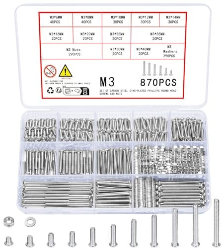 Vwoqiy 870 Pezzi M3 Set di Viti Bulloni e Dadi e Rondelle Kit, Bulloni Viti a Testa Tonda, Vite a Testa Cilindrica a Croce, Vite a Macchina (Argento 870 M3)