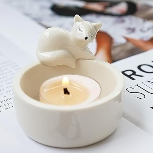 Teelichthalter mit Pfotenmotiv, niedliche Kerzen, Heimdekoration, Geschenke für Katzenliebhaber (schlafender Fuchs aus Keramik)