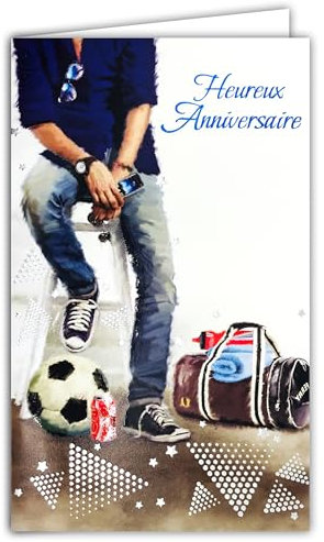 Afie 15-6524 Carte Porte-Billet avec Enveloppe Heureux Anniversaire pour Homme Sportif à la Mode Ballon de Football Sac de Sport Lunette de Soleil Smartphone Montre Baskets Jeans - Fabriqué en Europe
