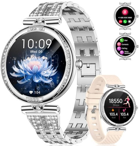 Smart Watches for Women, 1.19 AMOLED Always-on Display Diamond Smart Watch with Bluetooth Call, Blood Pressure/SpO2/Heart Rate Monitor, Waterproof Pedometer Silver Ladies Smartwatch for Android iOS