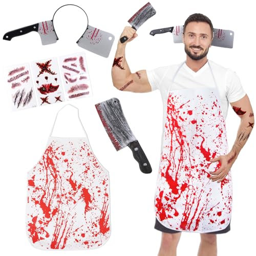 Disfraz de Carnicero Terror para Halloween - Machete, Diadema Cuchillo, Delantal y Tatuaje - Para Hombre, Mujer, Niño y Adulto
