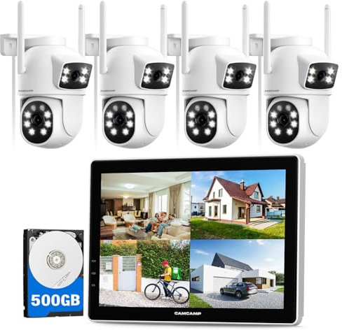 CAMCAMP 2K PTZ Kit Videosorveglianza WiFi Esterno con 10 Monitor, 5G&2.4G WiFi 10CH NVR, 4X Doppia Lente Telecamera, Colori Visione Notturna,Registrazione 24/7,Tracciamento del Movimento,2-Vie Parla