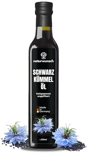 naturwunsch Schwarzkümmelöl 250ml, Ungefiltert, Kaltgepresst, Frisch in Deutschland hergestellt – 100% reines Nigella Sativa Öl