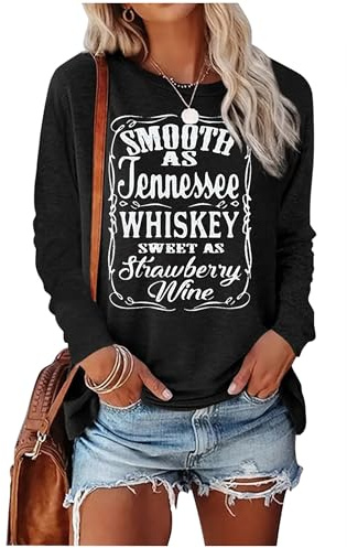 Tennessee Whiskey Shirt Cowgirls Western Graphic Tshirt Women Nashville Long Sleeve Tees Country Concert Top, Tennessee Black, Large