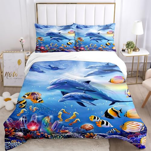 BNREDA Bettwäsche Schildkröte 200x200,3D unterwasserwelt Bettwäsche Set,Delfin,Tropischer Fisch,Korallen,Meeresleben Bettbezug,Blaue Unterwasserwelt Bettbezug für Kinder (B, 200x200cm)