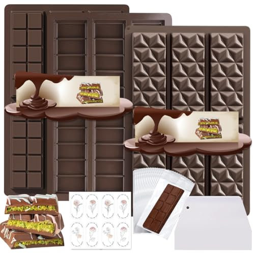 Molde de Silicona para Chocolate 3 Piezas,Molde Turron Silicona,Molde Tableta Chocolate Silicona,Molde Chocolate,con Raspador y Bolsa y Pegatina,para Chocolate,Dulces, Pastel, Leche