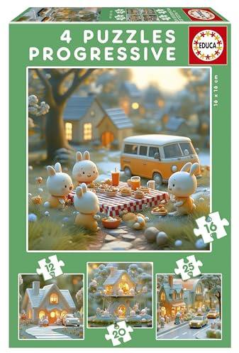 Educa - Kinderpuzzle Stadt der Hasen | 4in1 Puzzleset 12/16/20/25 Teile | Tierpuzzle, Progressiv | ab 3 Jahren (20217)