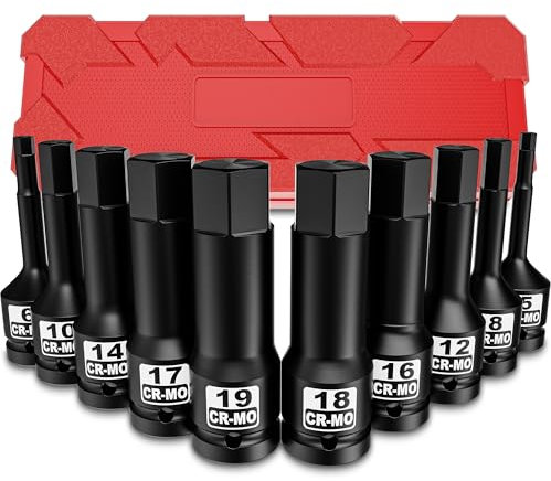 Aurlloct Jeu de 10 Douilles Longues à Chocs Hexagonal 1/2'', 5 mm - 19 mm Embout Allen Extérieur, pour Outils de Réparation de Bricolage Voiture Vélo