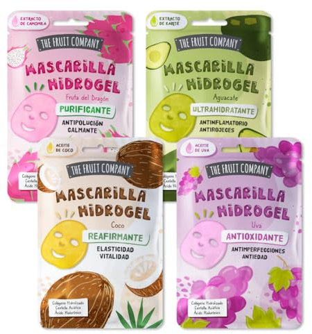 The Fruit Company - Mascarillas Faciales Hidrogel con Colágeno Hidrolizado, Centella Asiática y Ácido Hialurónico. 4 tipos. Reafirmante, Purificante, Ultrahidratante y Antioxidante. (4 uds.)