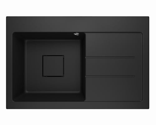 Lavello Granitspüle Schwarz – Tiefe Einbauspüle 78x49,6 cm – Küchenspüle 1 Becken mit Abtropffläche – Kratzfest & Reversibel – mit verdecktem Ablauf – inkl. Ablauf-Set & Ablaufgarnitur