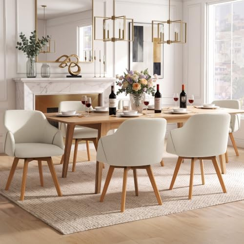 Bekrvio Set of 6 Swivel Dining Chairs with Arms – Upholstered in Breathable Linen, Wide Padded Seat with Beech Wood Legs, 360° Rotating Accent Armchair for Kitchen, Dining Room, Living Room
