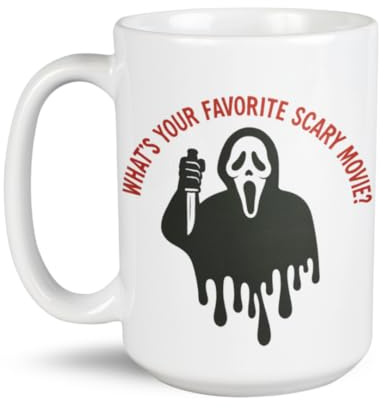 What's Your Favorite Scary Movie? Mug, 15oz Large Ceramic Coffee Cup, Double-Sided Print, Dishwasher & Microwave Safe, Horror Mask-Inspired Halloween Gift for Movie Fans – White
