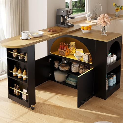 Lahoomu Ausziehbarer Bartisch mit Stauraum(135-205×39×100cm), Beweglicher Bar Table, Teleskopischer Bartisch mit LED Hochtisch Kücheninsel, Schwarz