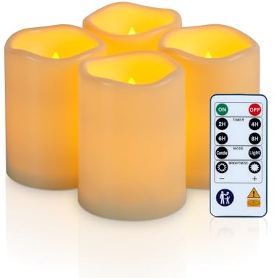 Homemory Wasserdichte Outdoor LED Kerzen mit Fernbedienung &Timer,4er-Set | Timer,Kunststoff, IP65, Flackernde,dimmbar, Batterie, Garten, Balkon, Terrasse,Laternen, Hochzeit,Weihnachten,Halloween