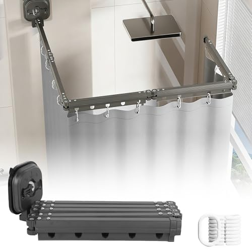 Faltbare Duschvorhangstange mit Saugnapf, Duschvorhangstange ohne Bohren, Wasserdicht Duschvorhang mit Stange, Wandmontage L/U Form Duschvorhang Stange für Ecke/Badewanne (Schwarz, 5-Segment)