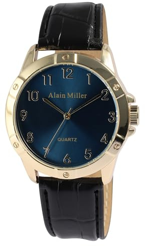 Alain Miller Herren Armbanduhr aus Kunstleder in Schwarz, in Einer Länge von 24 cm, Klassisches Design für jeden Mann