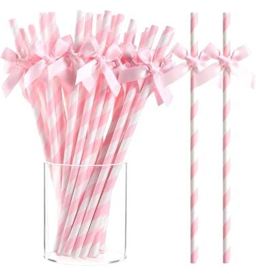Pink Bow Shaped Paper Straws, 30PCS Disposable Straws for Party Decor | Striped bow design, for birthday, Valentine's Day, hen party, drinks, disposable paper straws