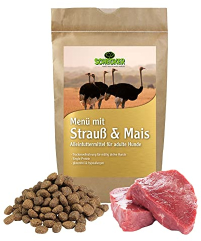 Hypoallergenes Hundefutter glutenfrei mit Strauß – Single-Protein Trockenfutter für ausgewachsene Hunde – leicht verdaulich, ohne Weizen & Soja – Menü mit Reis & Mais, 8,5 % Fett, 3 kg