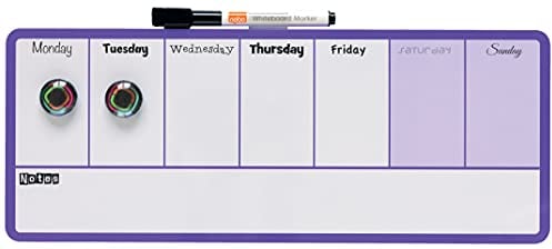 Nobo Magnetischer Mini-Whiteboard-Wochenplaner, Trocken Abwischbar, Wandmontage, Integrierte Stifthalterung, 2-Farbiges Design, Inkl. Stift & Magneten, 360 x 140 mm, Lila, 1904048