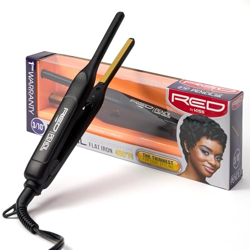 Red by Kiss 0.3 Inch Pencil Flat Iron, 3/10 Ceramic Tourmaline Hair Straightener for Thin, Short Hair & Edge Styling, Fast 60s Heat Up to 450°F, Frizz Control Root Styling Wand, Tangle-Free, Black