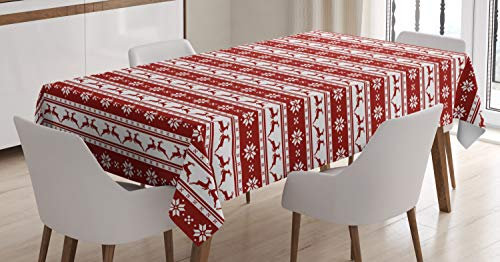 ABAKUHAUS Weihnachten Tischdecke, Winter-Rotwild-Schneeflocke, Pflegeleicht Waschbar Schmutzabweisend und mit Klaren Farben Hochwertiger Druck, 140 x 200 cm, Weiß Rubin
