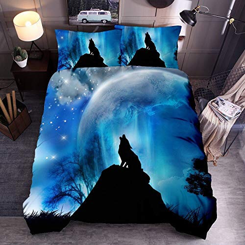 Junge Mann Schwarz Wolf Romantisch Blau Mond Bettwäsche Set mit Kissenbezug, Schnee Galaxis Star Braun Wolf Tier Bettbezug Polyester (Wolf # 1, Single 135x200cm)