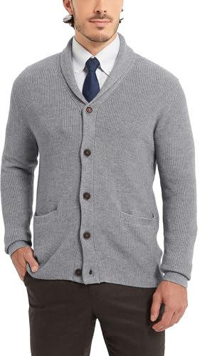 Kallspin Herren Wollschal-Kragen Strickjacke mit Knöpfen und Taschen(Hellgrau, 3XL)