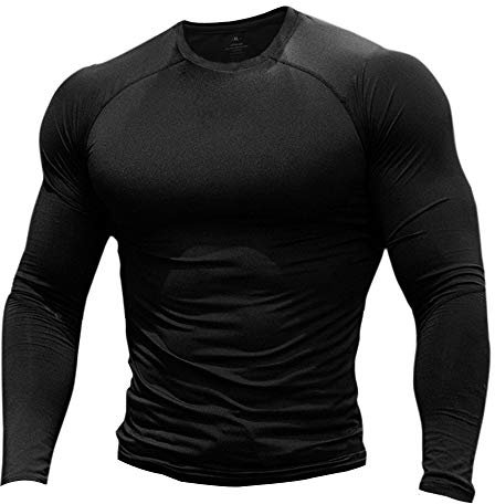 Muscle Alive Men Skinny Tight Compression Base Layer Short Sleeve T Shirt Bodybuilding Tops Polyester and Spandex Black L