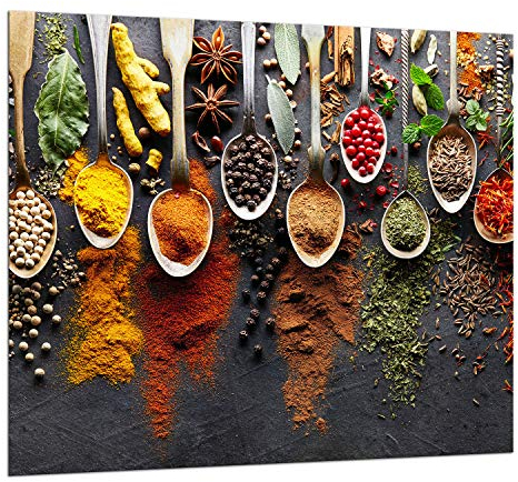 TMK I Crédence de cuisine, protection anti-éclaboussures, en verre trempé, 65 x 60 cm, verre décoratif avec ruban adhésif autocollant, crédence arrière en verre, cuisine, épices